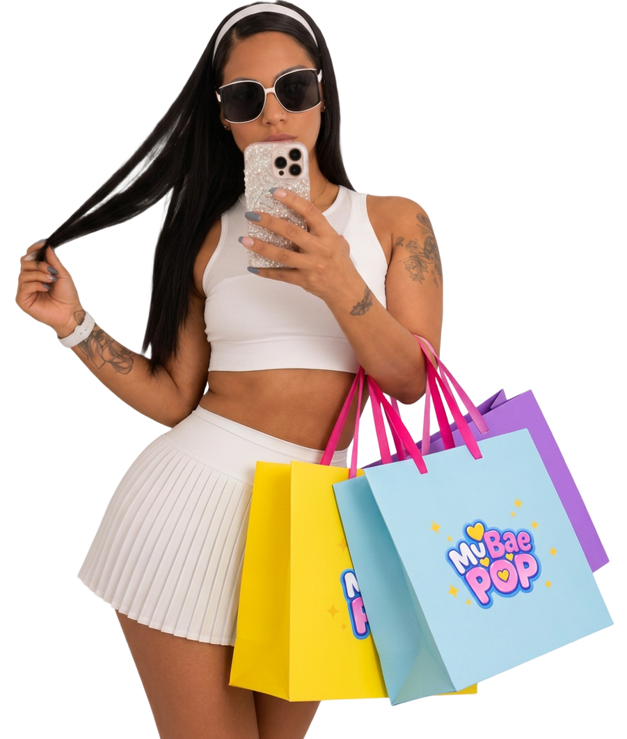 Bae holding My Bae Pop shopping bags