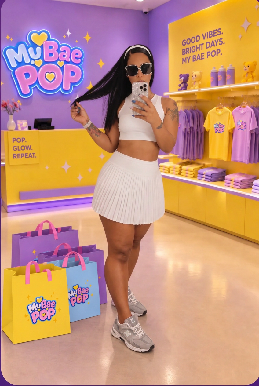 Pop taking a mirror selfie in the My Bae Pop store