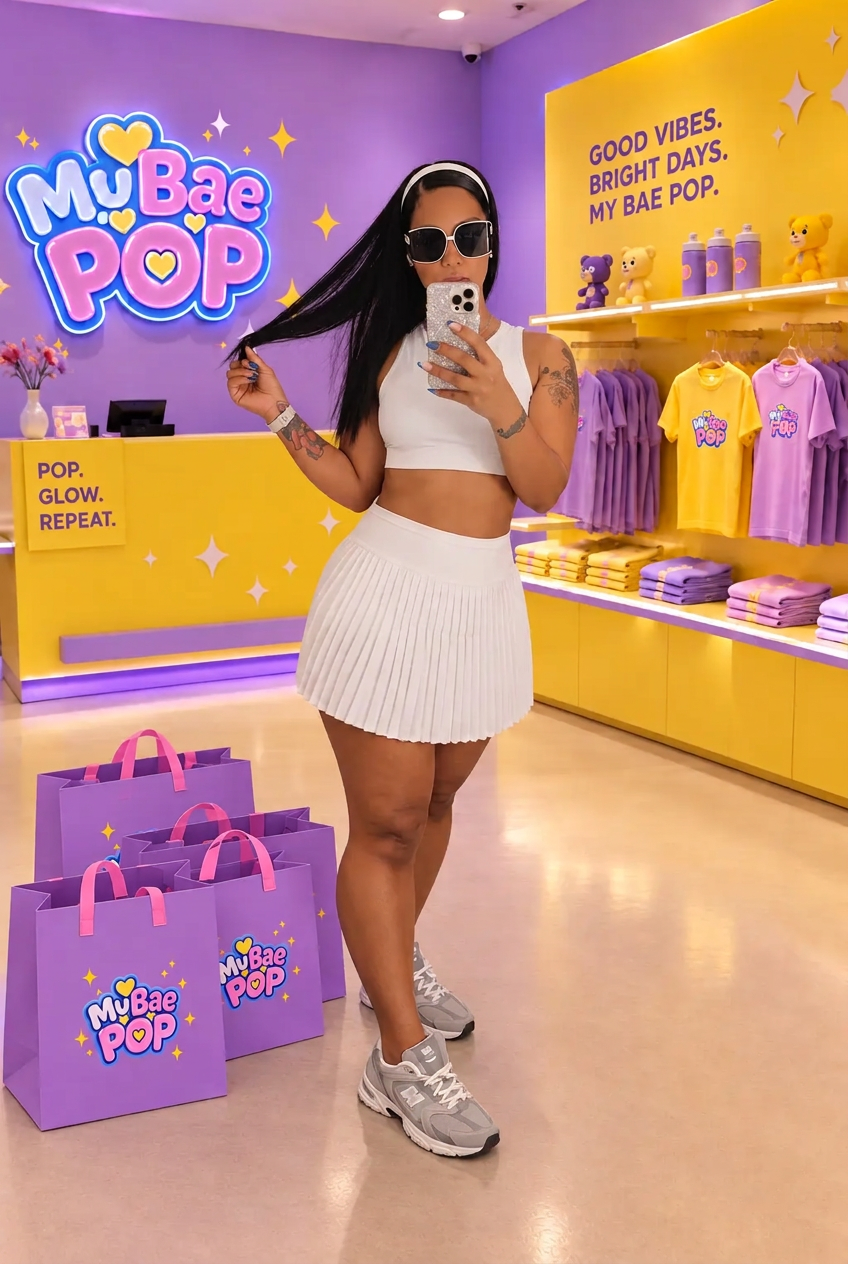 Model taking a mirror selfie inside the My Bae Pop store wearing a plain white crop top and pleated skirt, with purple My Bae Pop shopping bags on the floor