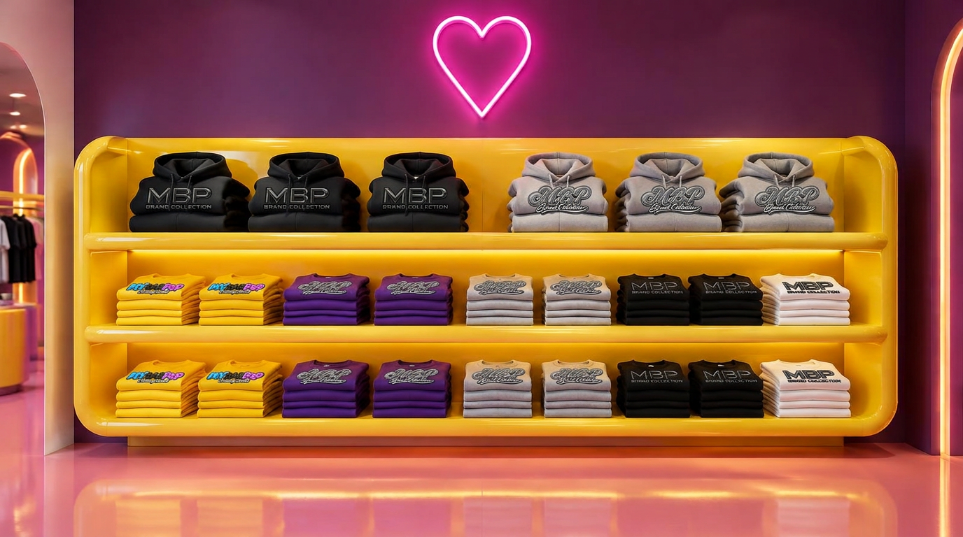 Sunshine-yellow shelves stacked with folded black denim and grey hoodies and yellow, purple, grey, black and white t-shirts